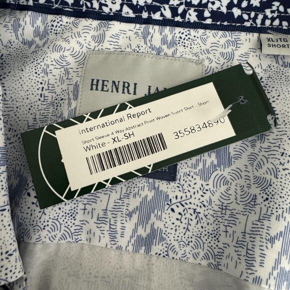 Henri James Shirt Mens XL Short White Blue Abstract Print Hyper Stretch Casual - Picture 6 of 11